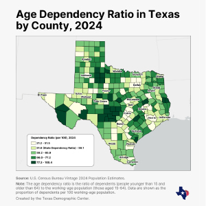 Color coded map showing the dependency rate by county in Texas