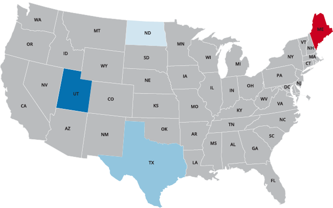 Map of the United States with most states in gray. Texas is highlighted in bright orange to show a younger median age, while Utah, North Dakota, and Maine are shaded in yellow for comparison.